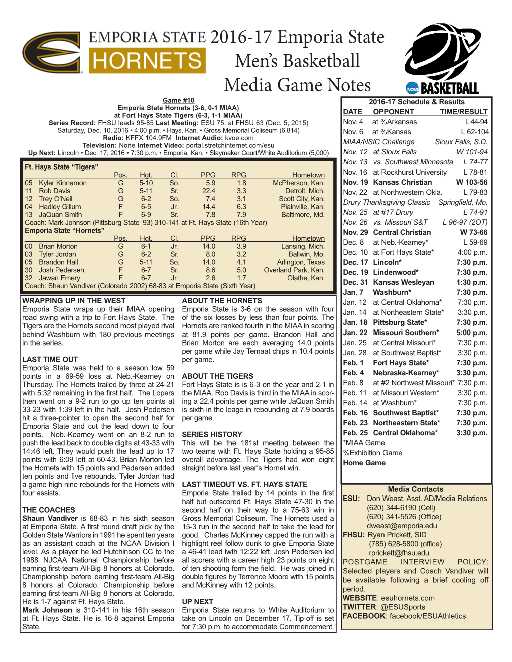 2016-17 Emporia State Men's Basketball Media Game Notes