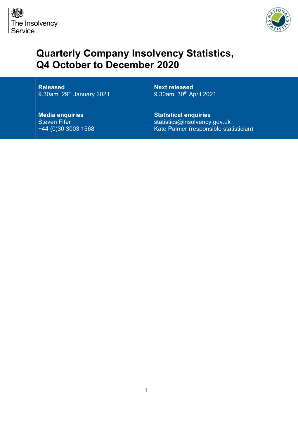 Quarterly Company Insolvency Statistics, Q4 October to December 2020