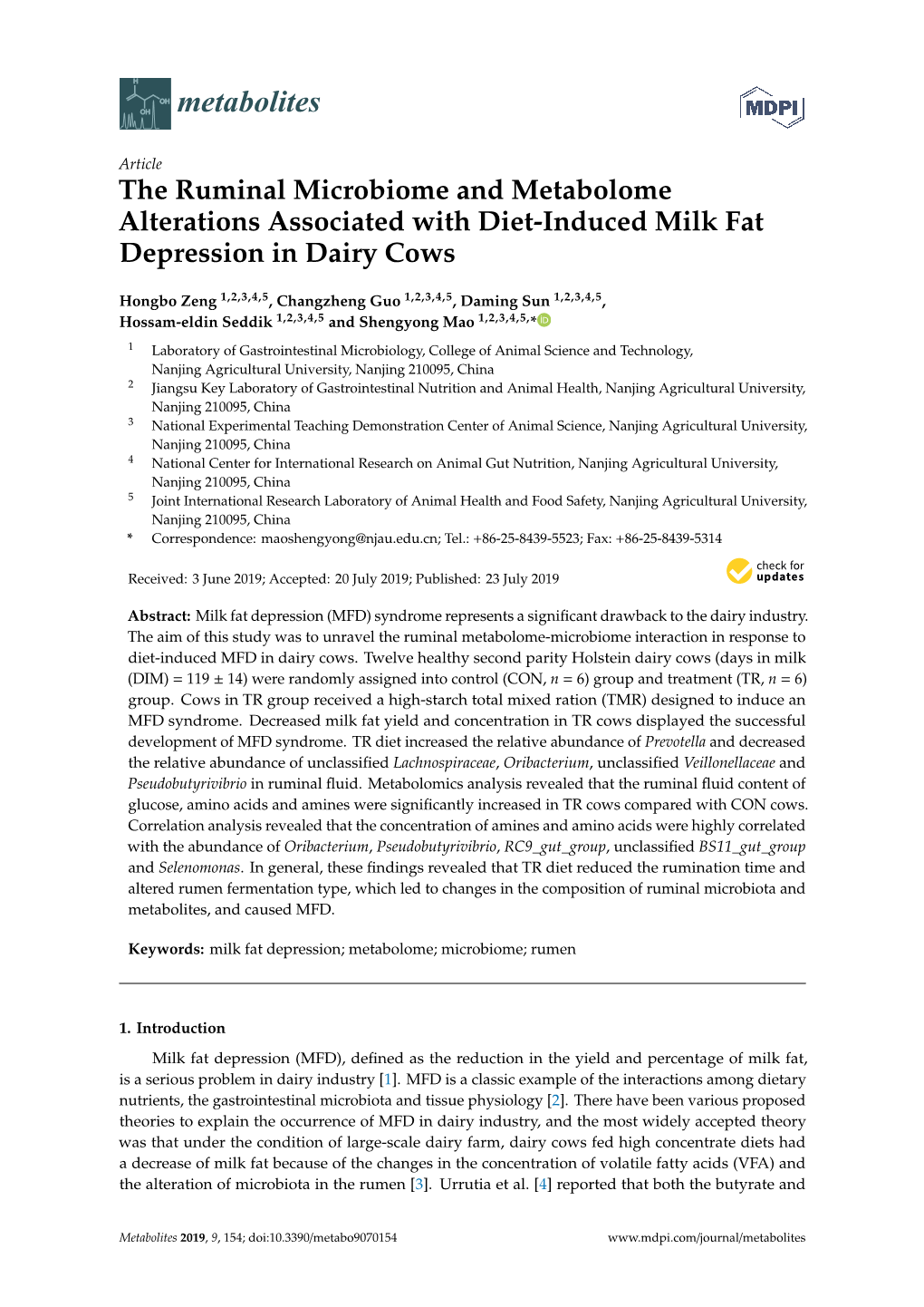 The Ruminal Microbiome and Metabolome Alterations Associated with Diet-Induced Milk Fat Depression in Dairy Cows