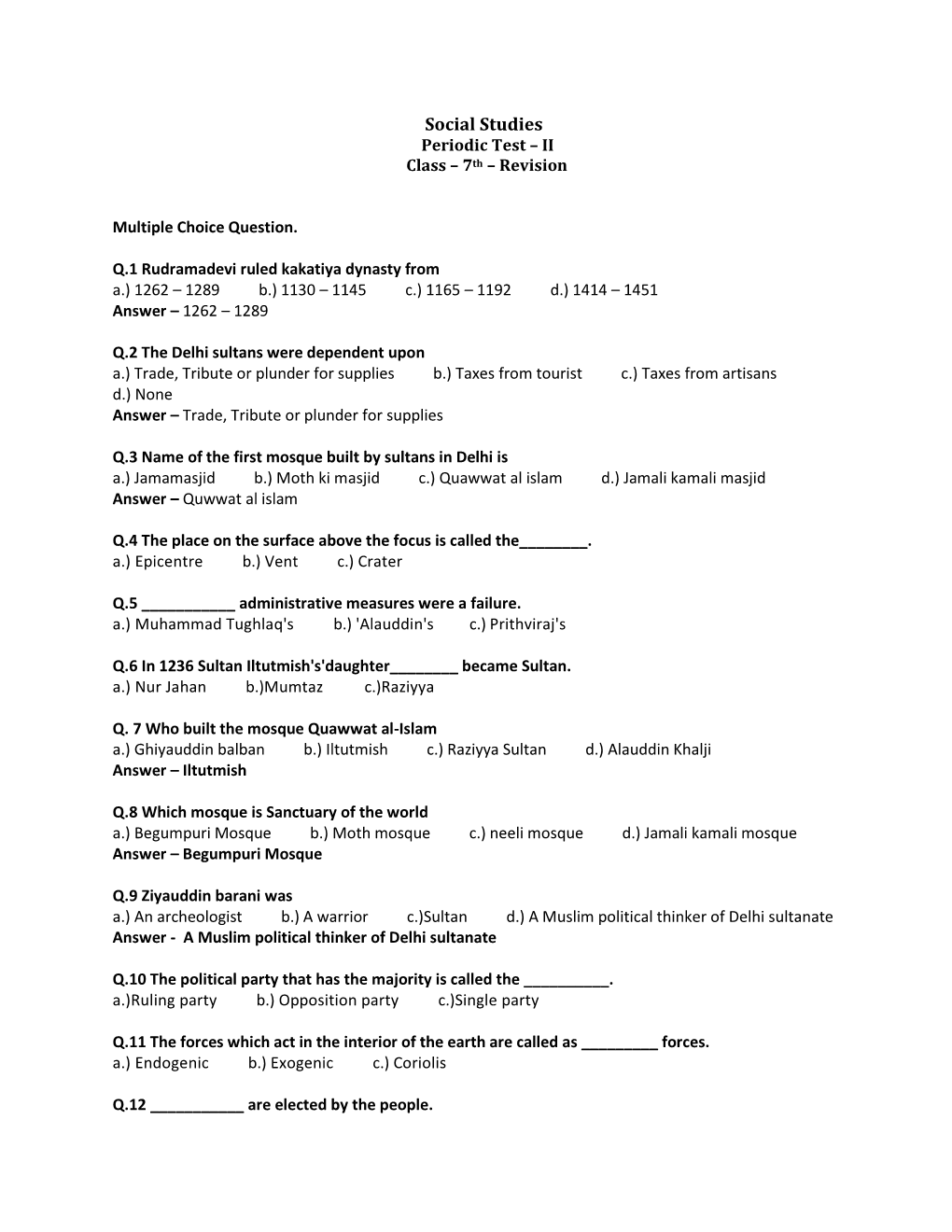 Social Studies Periodic Test – II Class – 7Th – Revision