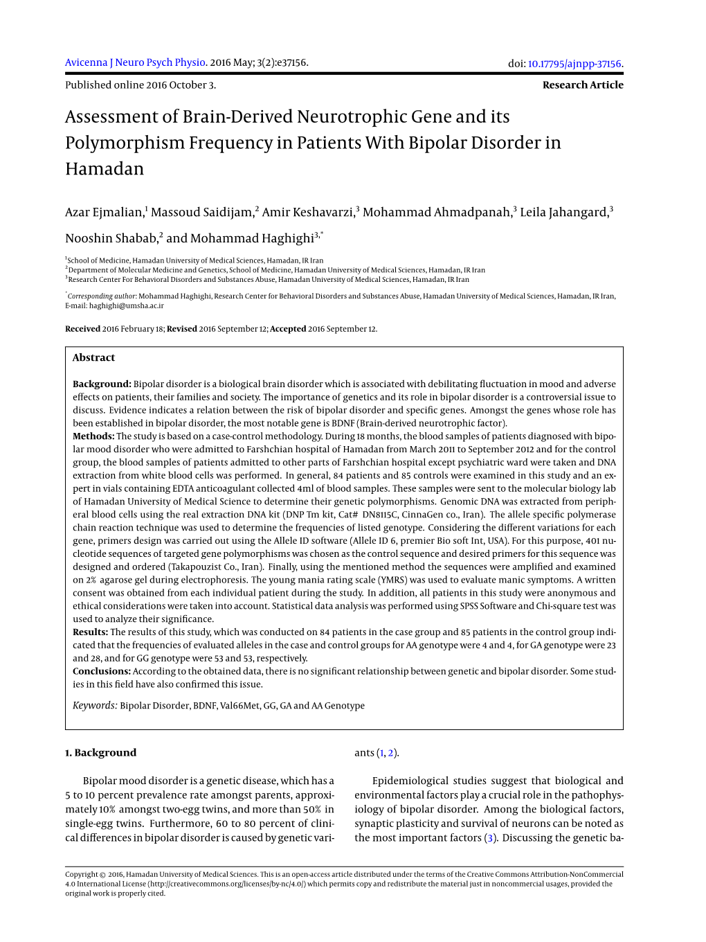 Assessment of Brain-Derived Neurotrophic Gene and Its Polymorphism Frequency in Patients with Bipolar Disorder in Hamadan