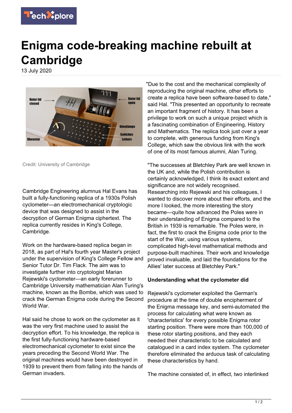 Enigma Code-Breaking Machine Rebuilt at Cambridge 13 July 2020