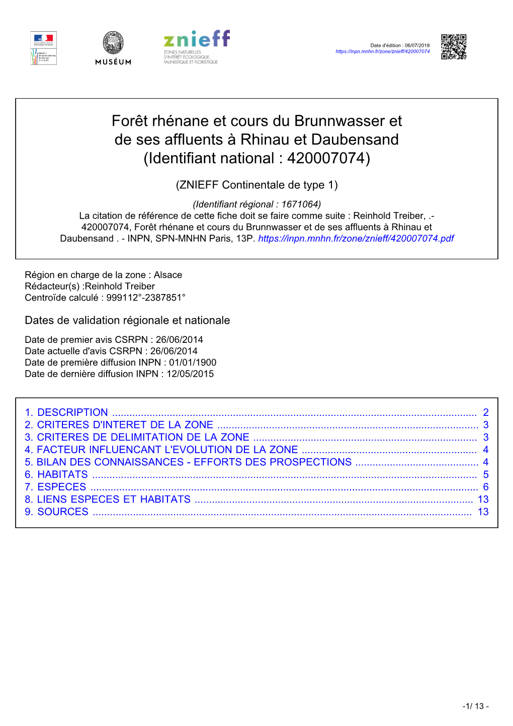 Forêt Rhénane Et Cours Du Brunnwasser Et De Ses Affluents À Rhinau Et Daubensand (Identifiant National : 420007074)