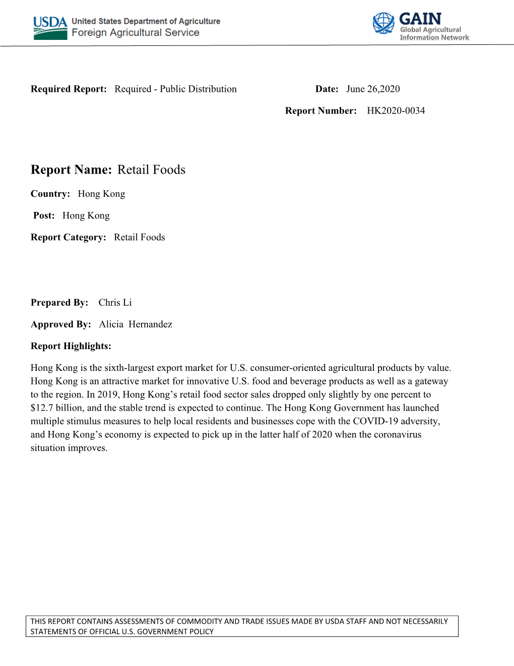 Report Name: Retail Foods