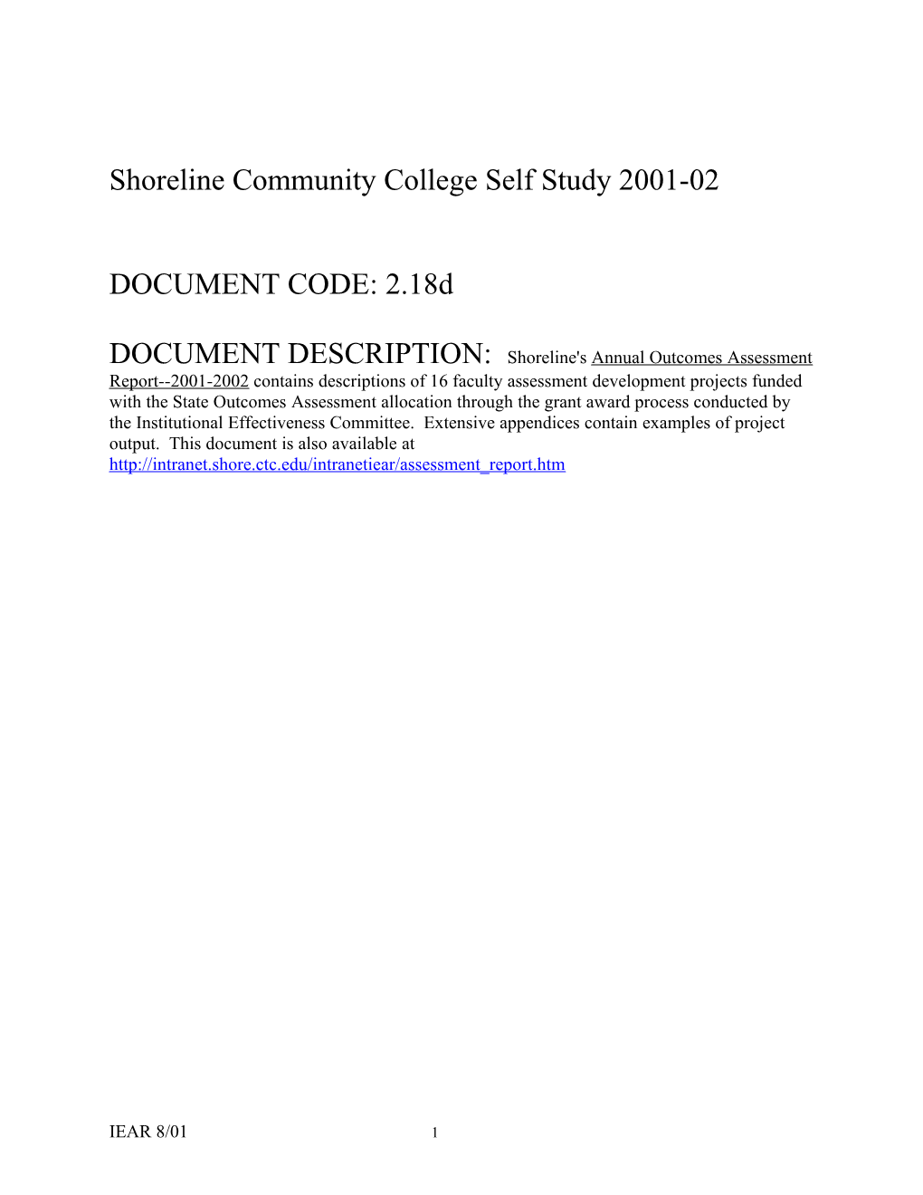 Annual Outcomes Assessment Report 2000-01