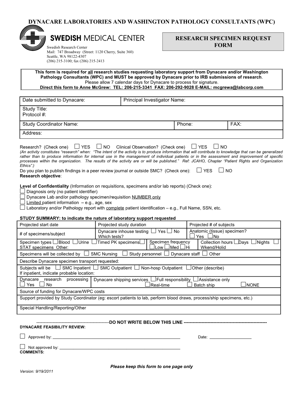 NOTE: This Form Is Required for All Research Studies Requesting Laboratory Support From