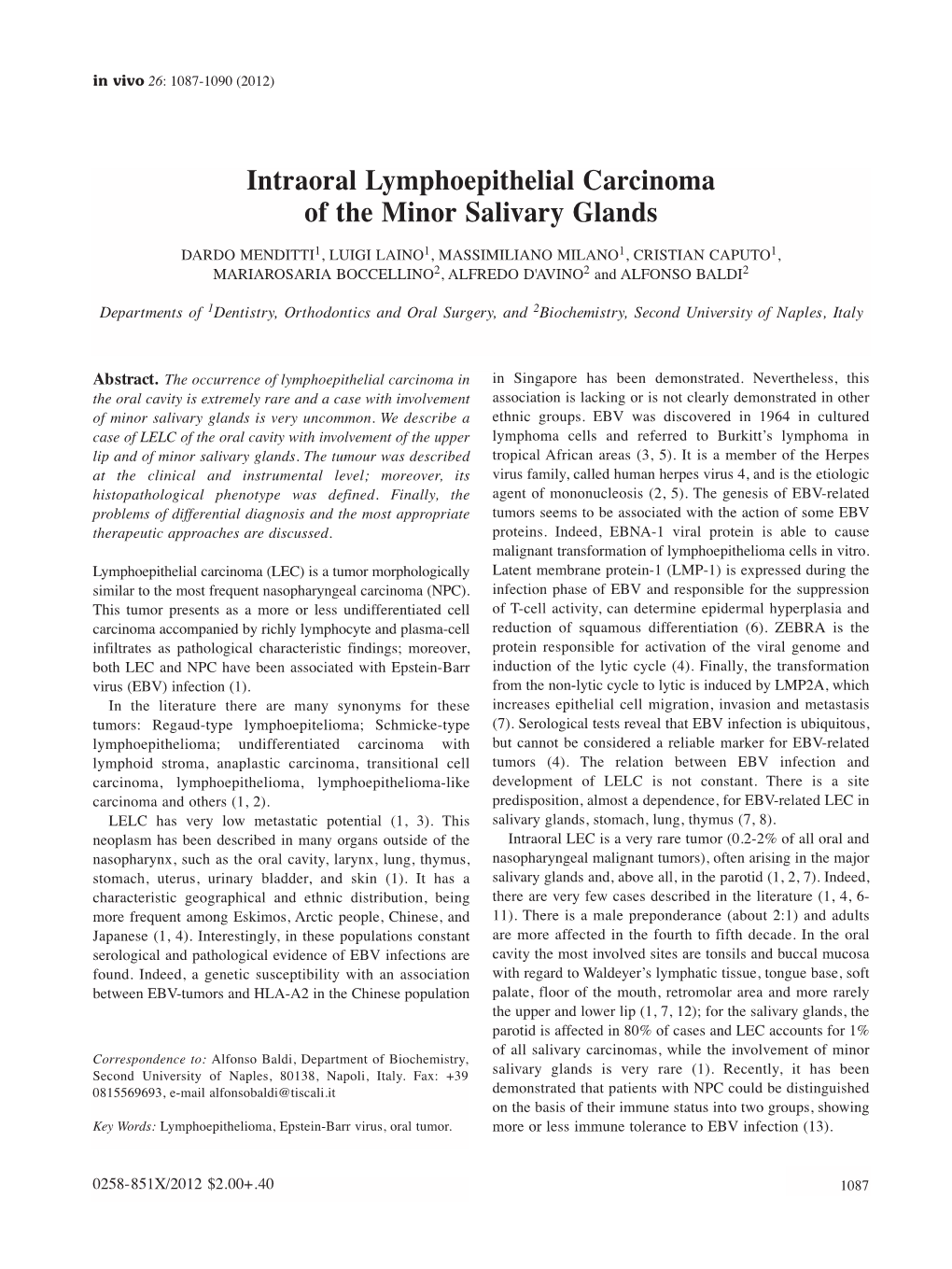 Intraoral Lymphoepithelial Carcinoma of the Minor Salivary Glands