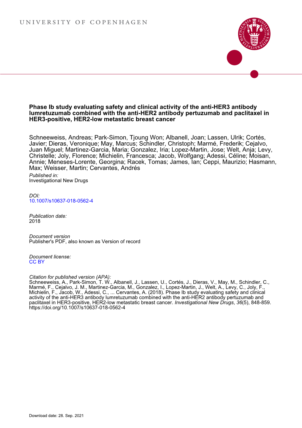 Phase Ib Study Evaluating Safety and Clinical Activity of the Anti-HER3