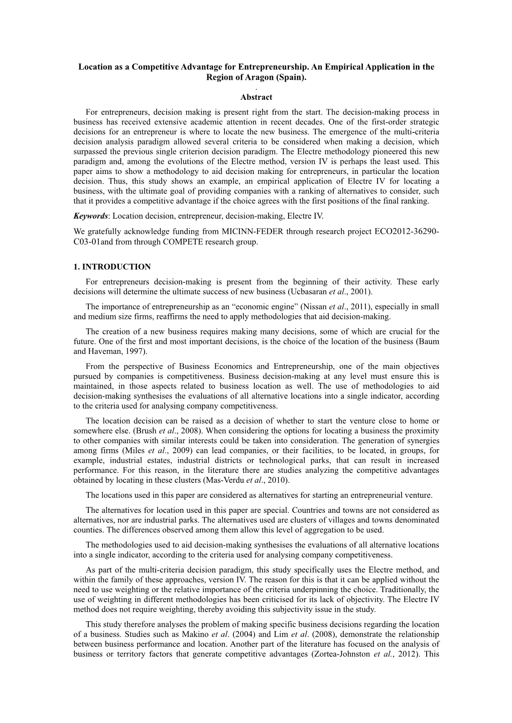 Location As a Competitive Advantage for Entrepreneurship. an Empirical Application in the Region of Aragon (Spain)