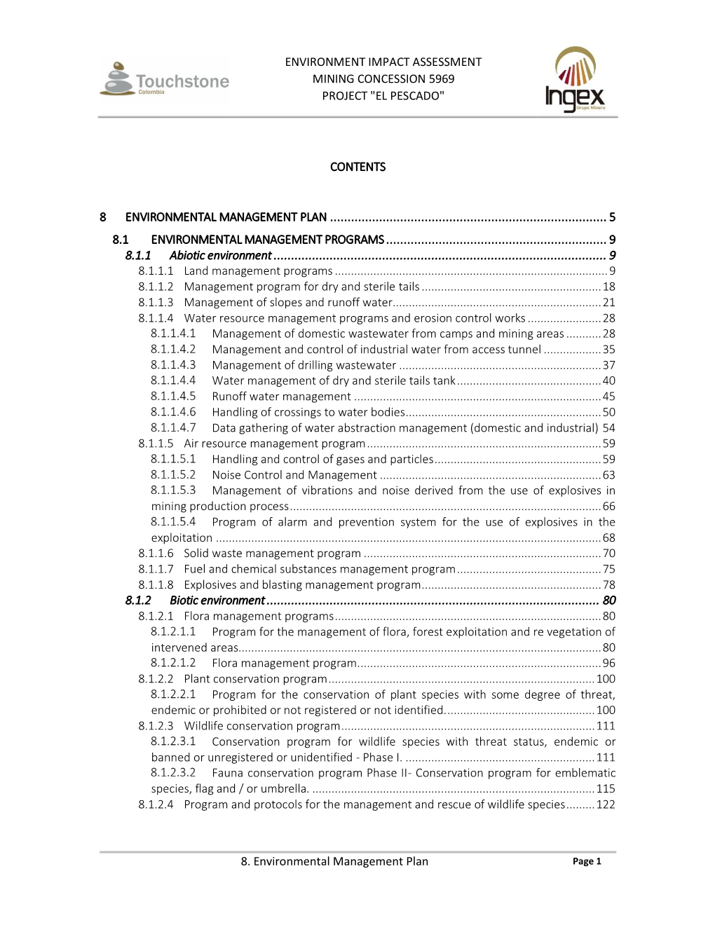 "EL PESCADO" 8. Environmental Management Plan