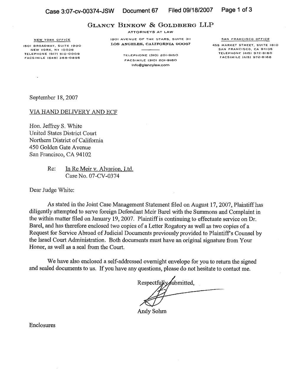 Case 3:07-Cv-00374-JSW Document 67 Filed 09/18/2007 Page 1 of 3