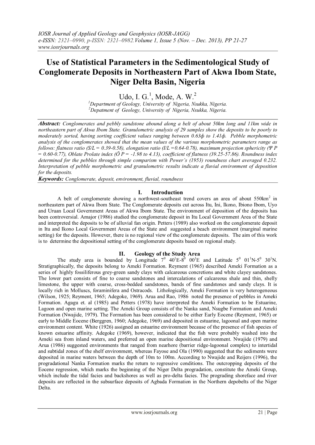 Use of Statistical Parameters in the Sedimentological Study of Conglomerate Deposits in Northeastern Part of Akwa Ibom State, Niger Delta Basin, Nigeria