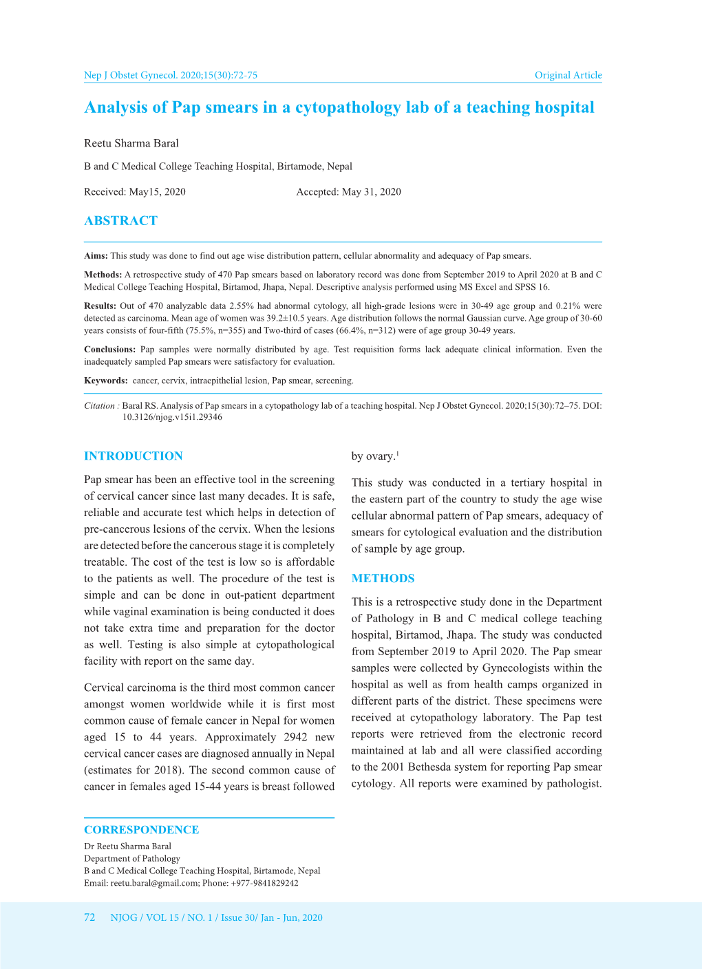 Analysis of Pap Smears in a Cytopathology Lab of a Teaching Hospital