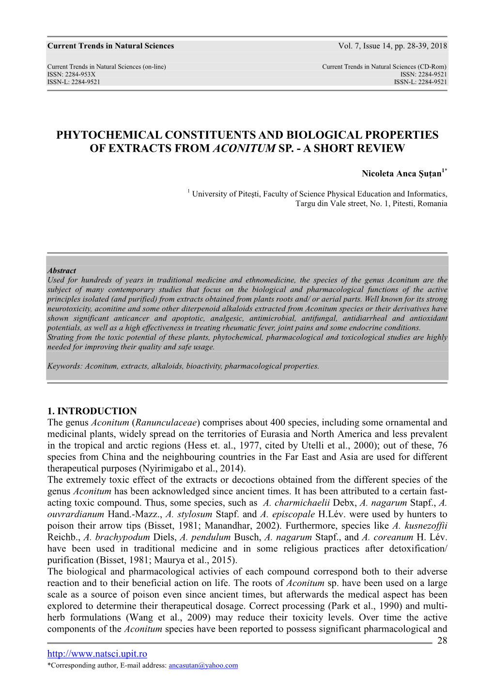 Phytochemical Constituents and Biological Properties of Extracts from Aconitum Sp