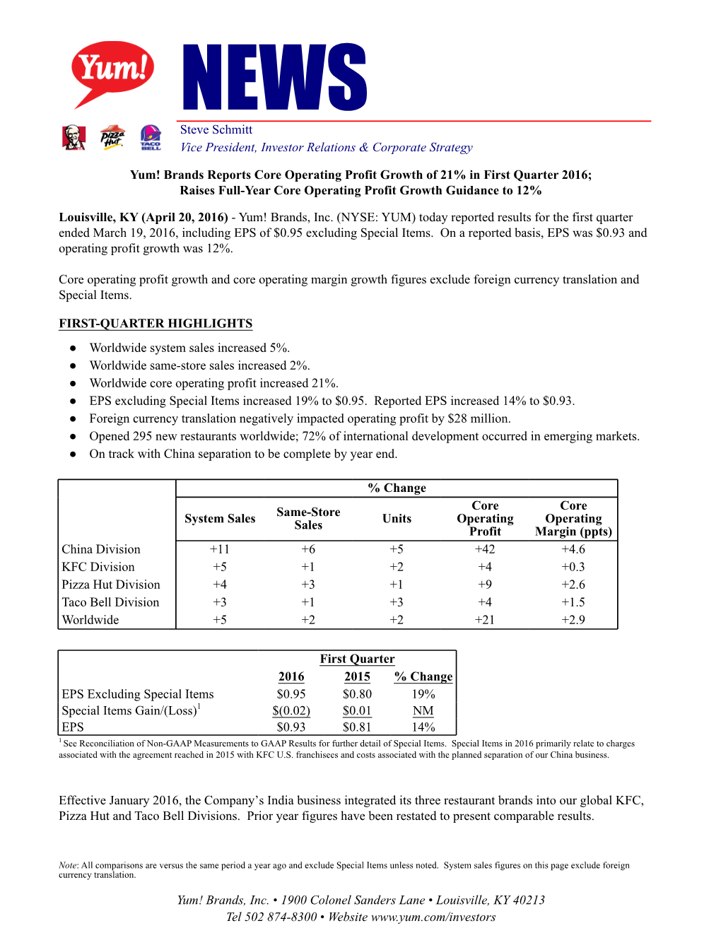Yum! Brands Reports Core Operating Profit Growth of 21% in First Quarter 2016; Raises Full-Year Core Operating Profit Growth Guidance to 12%