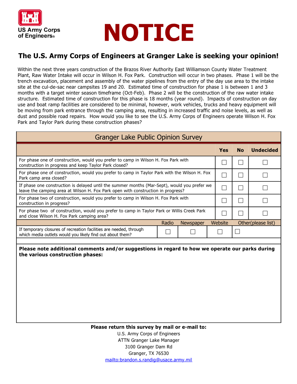 The U.S. Army Corps of Engineers at Granger Lake Is Seeking Your Opinion!