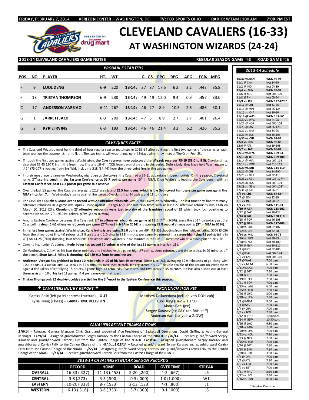 Cleveland Cavaliers (16-33) at Washington Wizards (24-24)