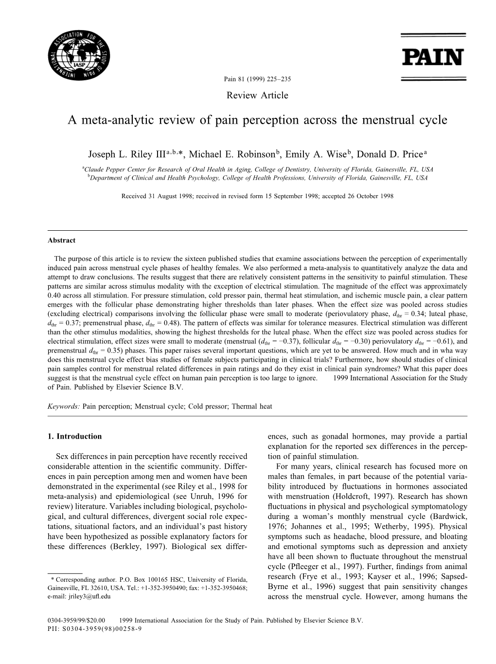 A Meta-Analytic Review of Pain Perception Across the Menstrual Cycle