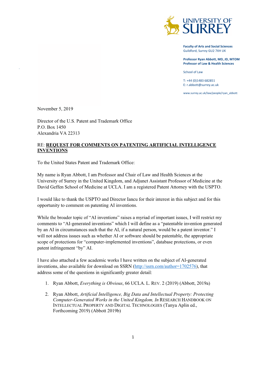 November 5, 2019 Director of the U.S. Patent and Trademark Office P.O