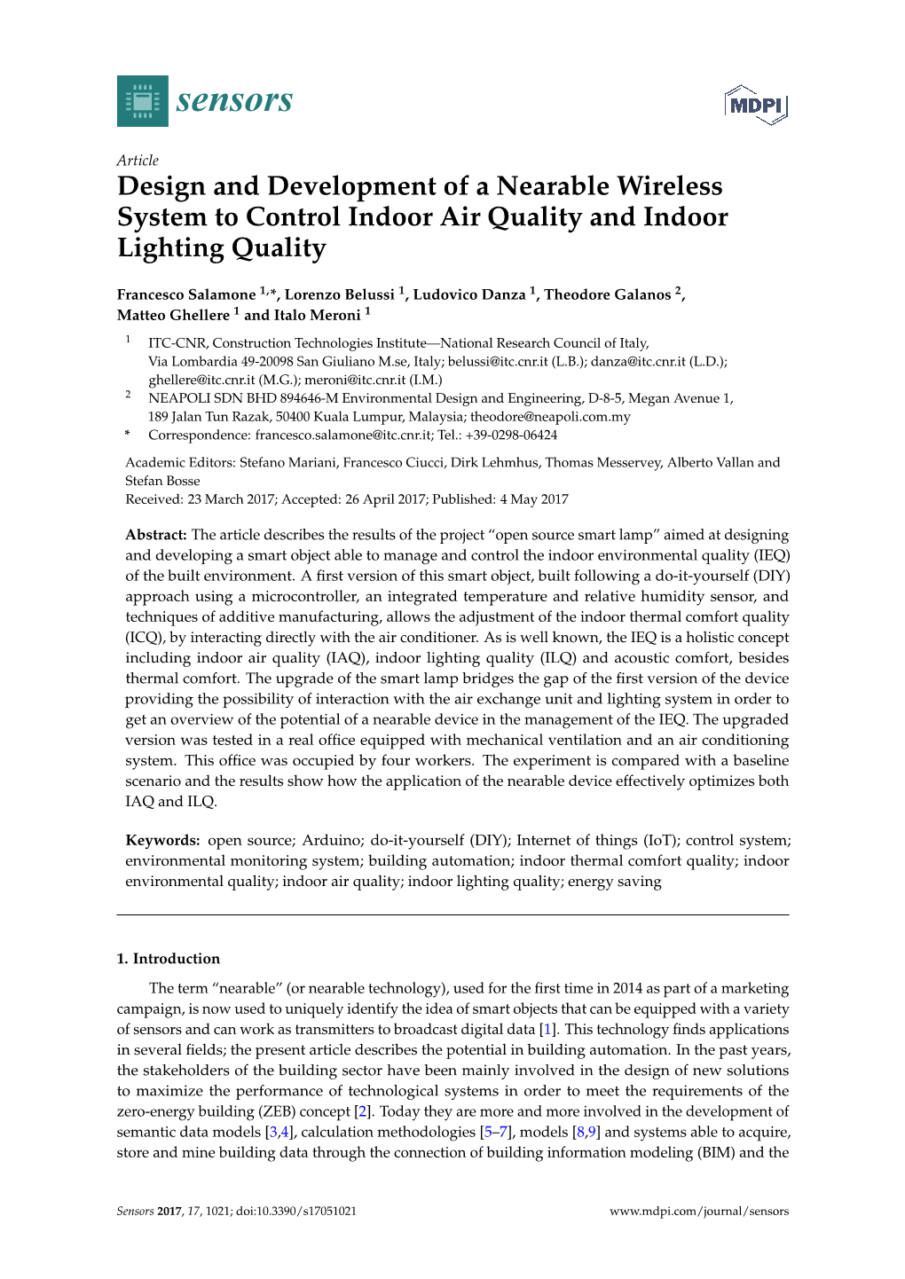 Design and Development of a Nearable Wireless System to Control Indoor Air Quality and Indoor Lighting Quality