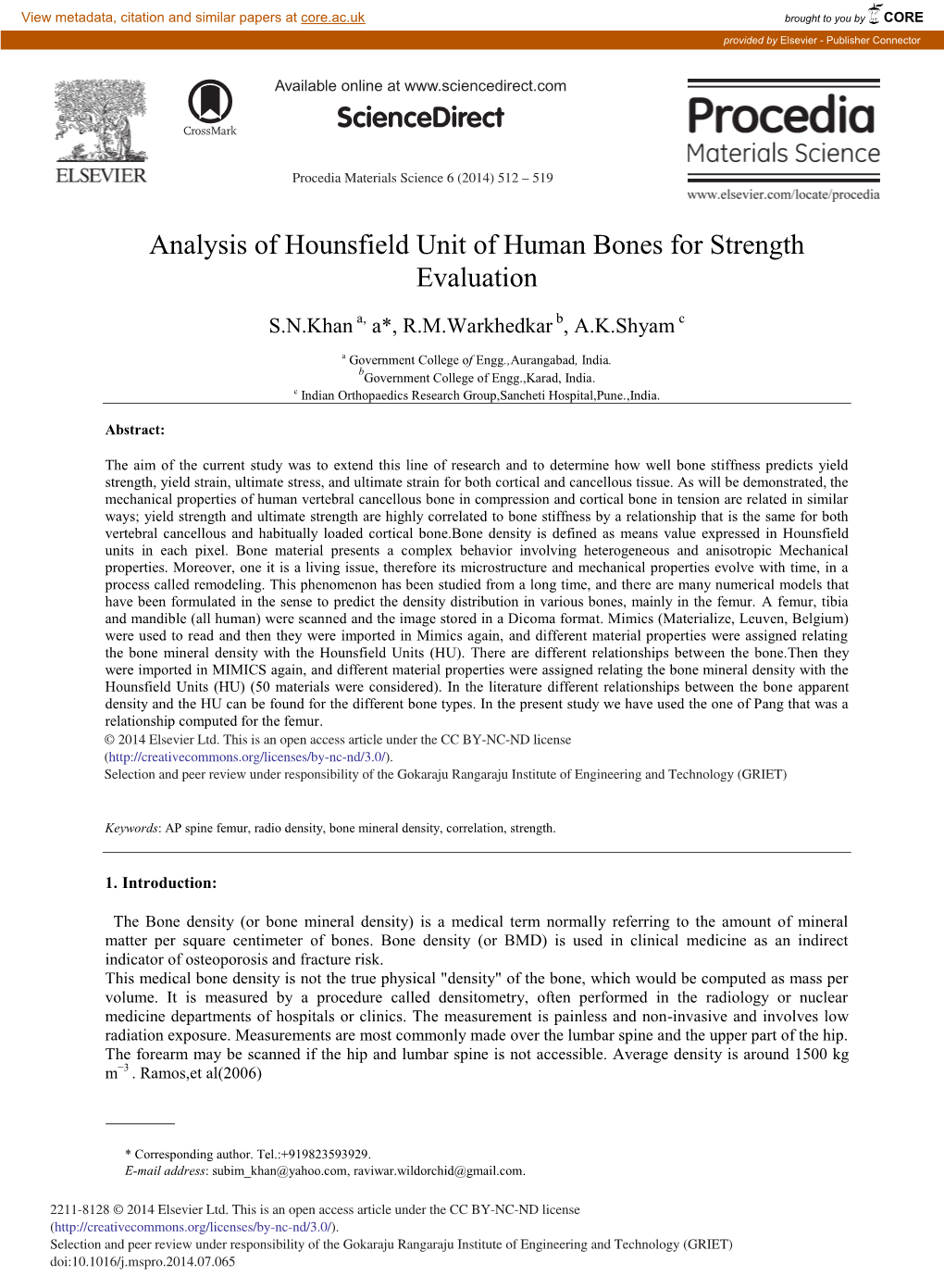 Analysis of Hounsfield Unit of Human Bones for Strength Evaluation