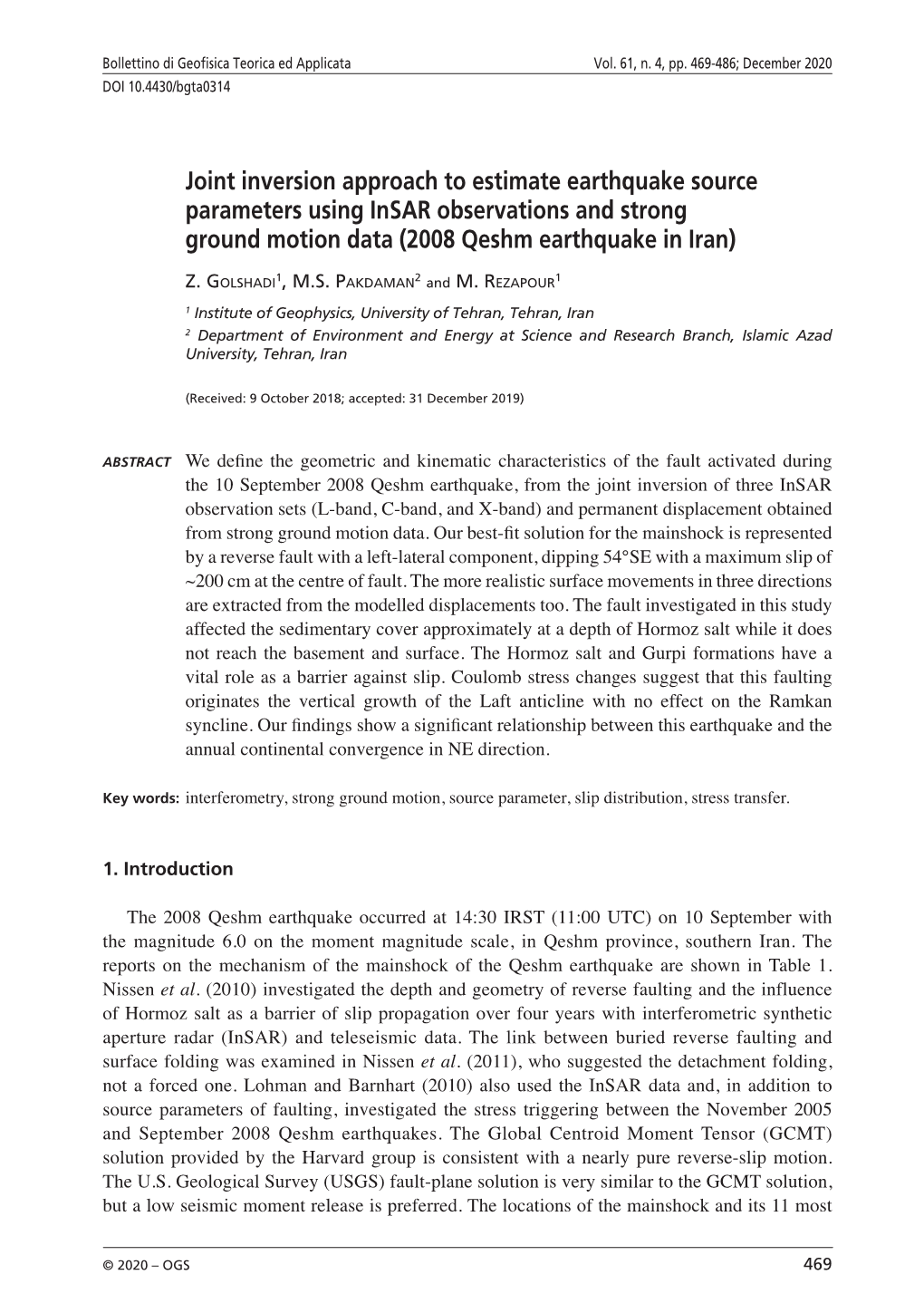 Joint Inversion Approach to Estimate Earthquake Source Parameters Using Insar Observations and Strong Ground Motion Data (2008 Qeshm Earthquake in Iran)