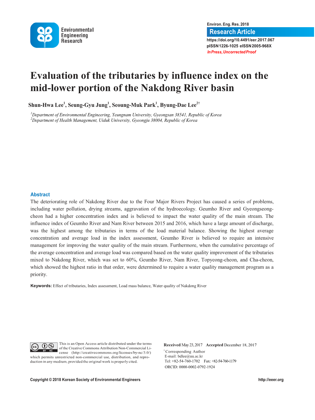 Evaluation of the Tributaries by Influence Index on the Mid-Lower Portion of the Nakdong River Basin