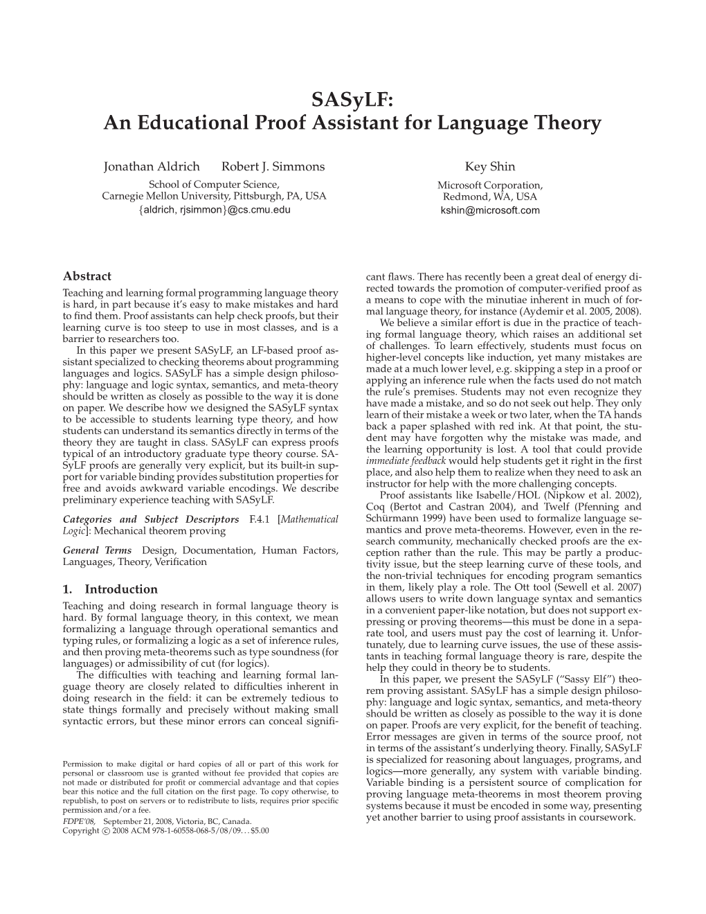 Sasylf: an Educational Proof Assistant for Language Theory