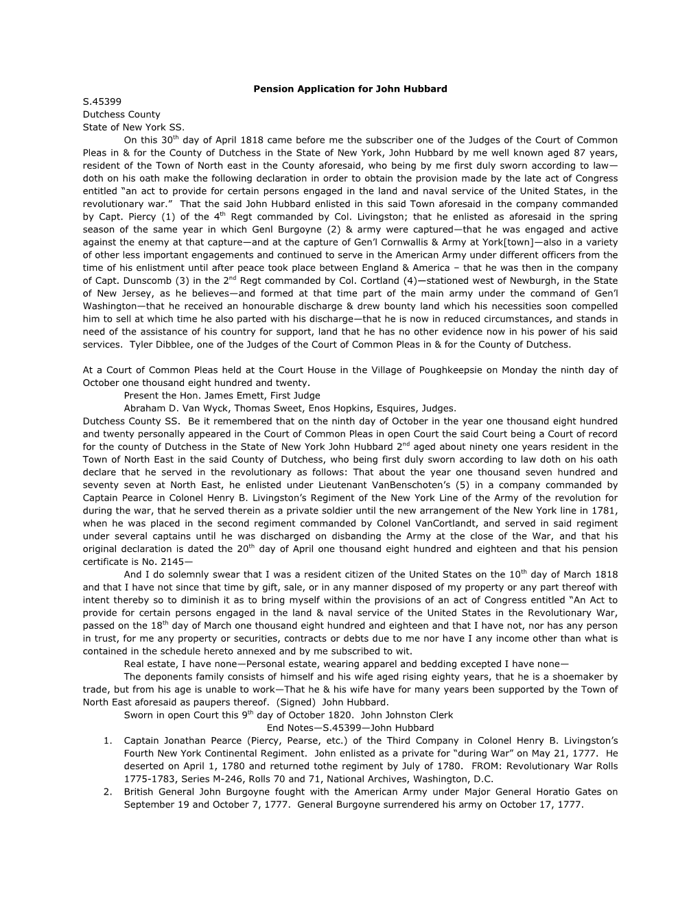 Pension Application for John Hubbard S.45399 Dutchess County State of New York SS. on This 30Th Day of April 1818 Came Before Me