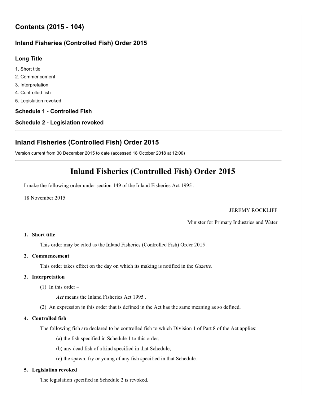 Inland Fisheries (Controlled Fish) Order 2015