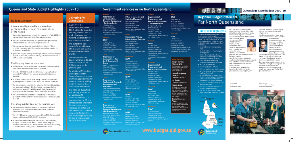 Far North Queensland Regional Budget Statement Queensland State Budgetyear Ending 2009–1030 June