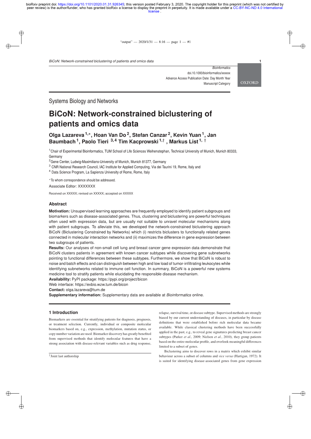 Bicon: Network-Constrained Biclustering of Patients and Omics