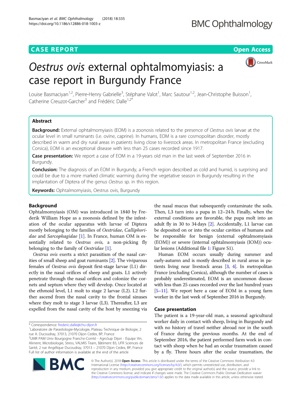 Oestrus Ovis External Ophtalmomyiasis: a Case Report in Burgundy France