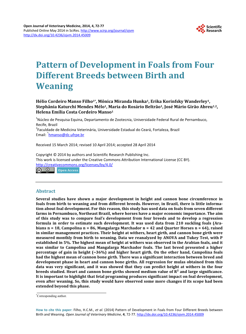 Pattern of Development in Foals from Four Different Breeds Between Birth and Weaning