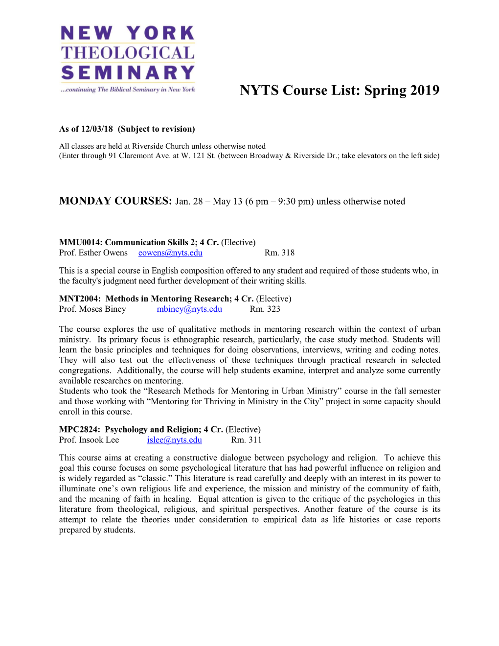 NYTS Course List: Spring 2019