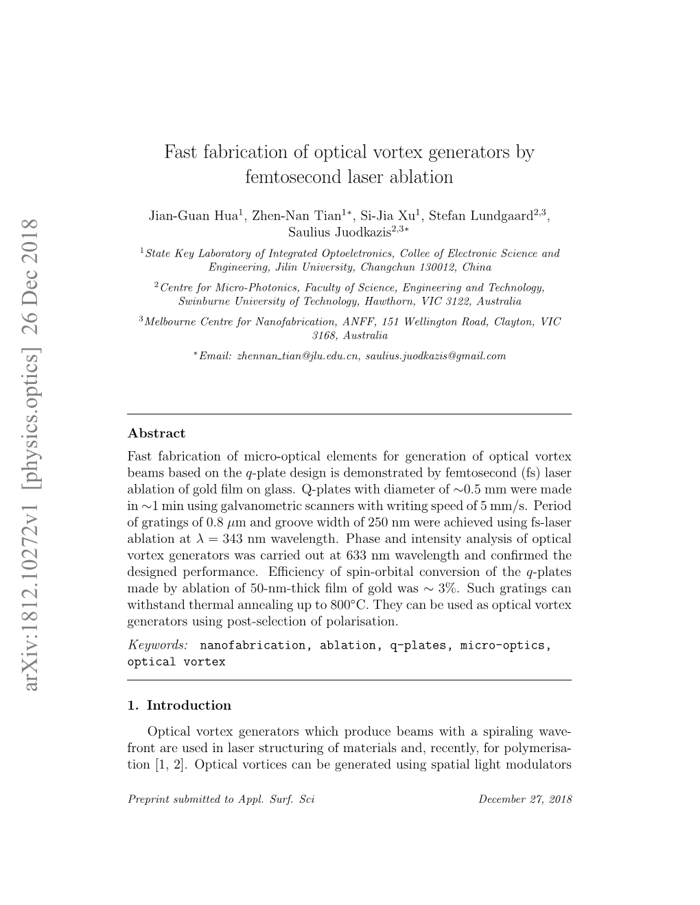 Fast Fabrication of Optical Vortex Generators by Femtosecond Laser Ablation