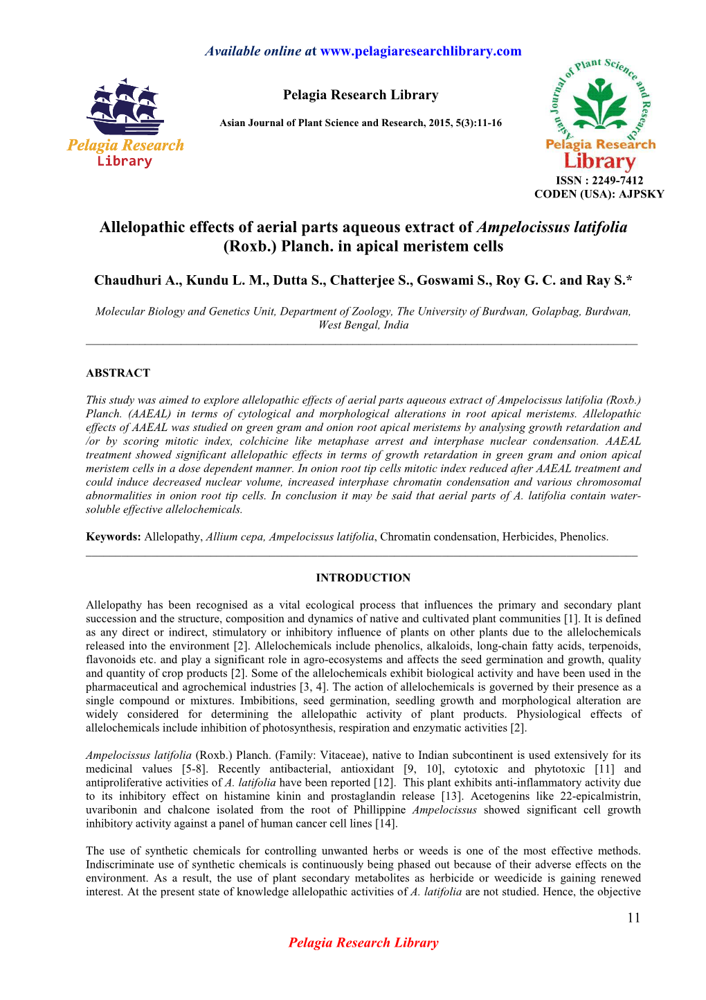 Allelopathic Effects of Aerial Parts Aqueous Extract of Ampelocissus Latifolia (Roxb.) Planch