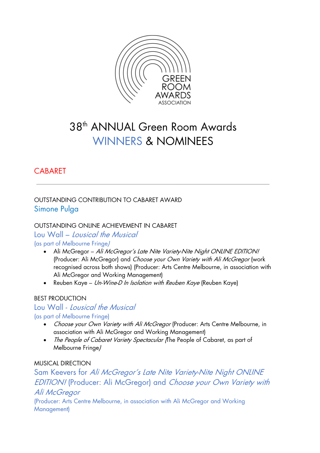 38Th ANNUAL Green Room Awards WINNERS & NOMINEES