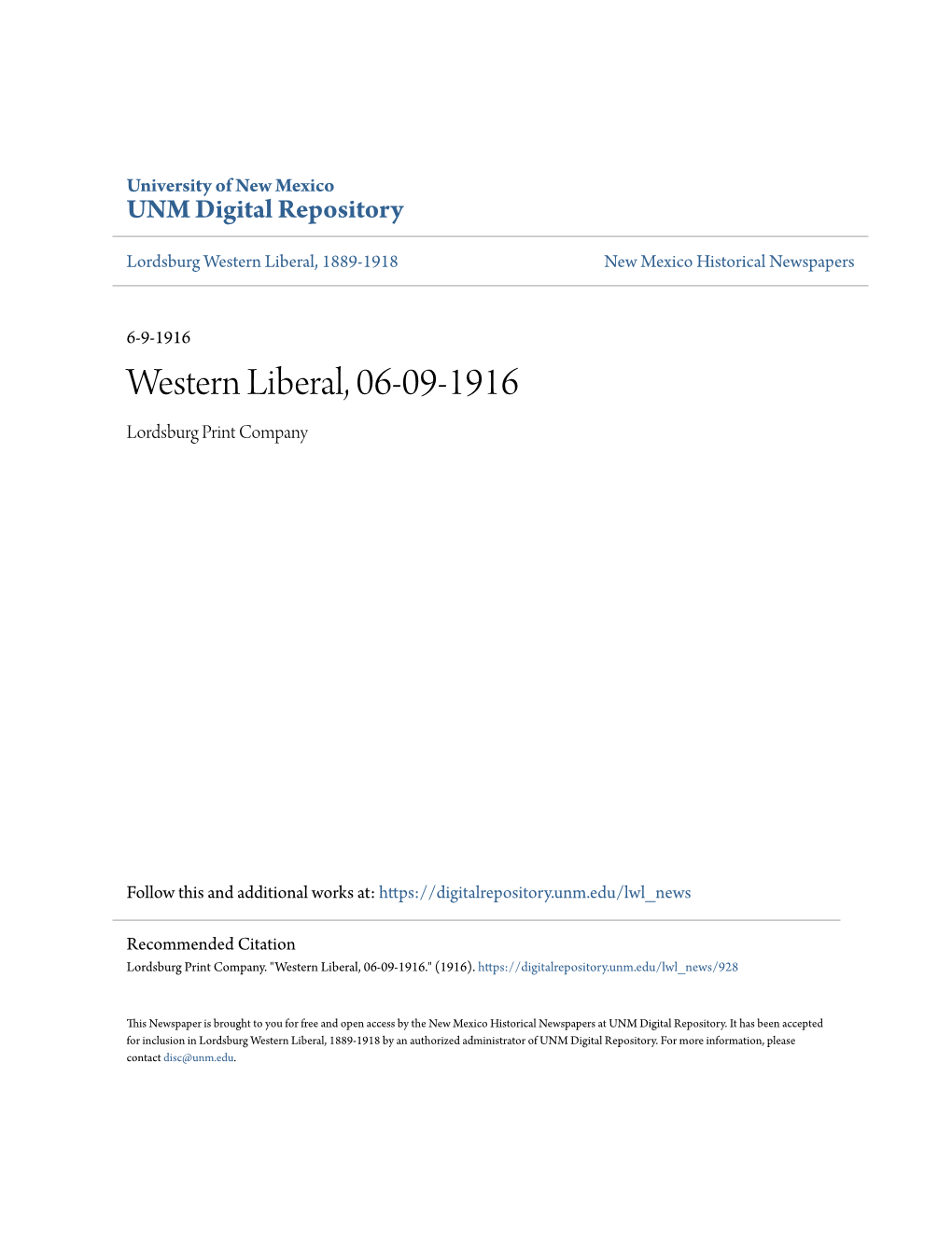 Western Liberal, 06-09-1916 Lordsburg Print Company