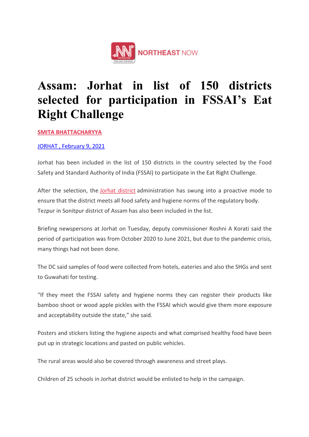Jorhat in List of 150 Districts Selected for Participation in FSSAI's Eat Right