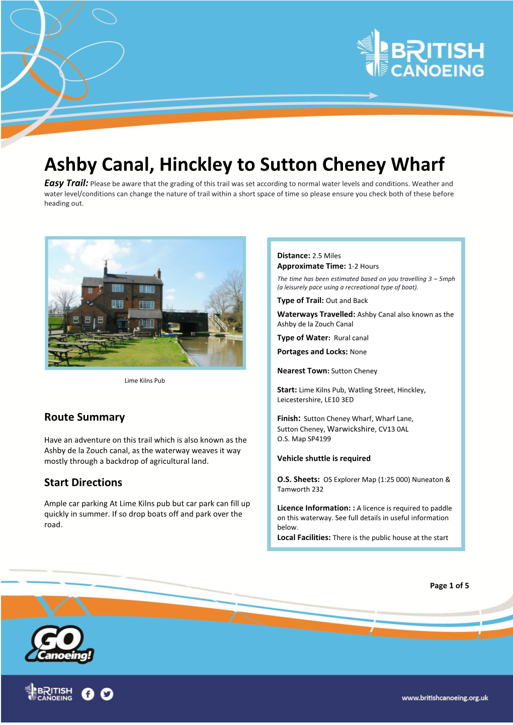 Ashby Canal, Hinckley to Sutton Cheney Wharf Easy Trail: Please Be Aware That the Grading of This Trail Was Set According to Normal Water Levels and Conditions