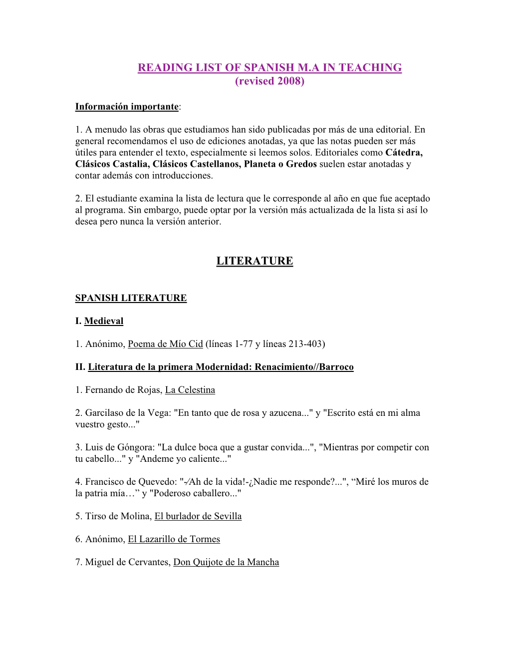 READING LIST of SPANISH M.A in TEACHING (Revised 2008)