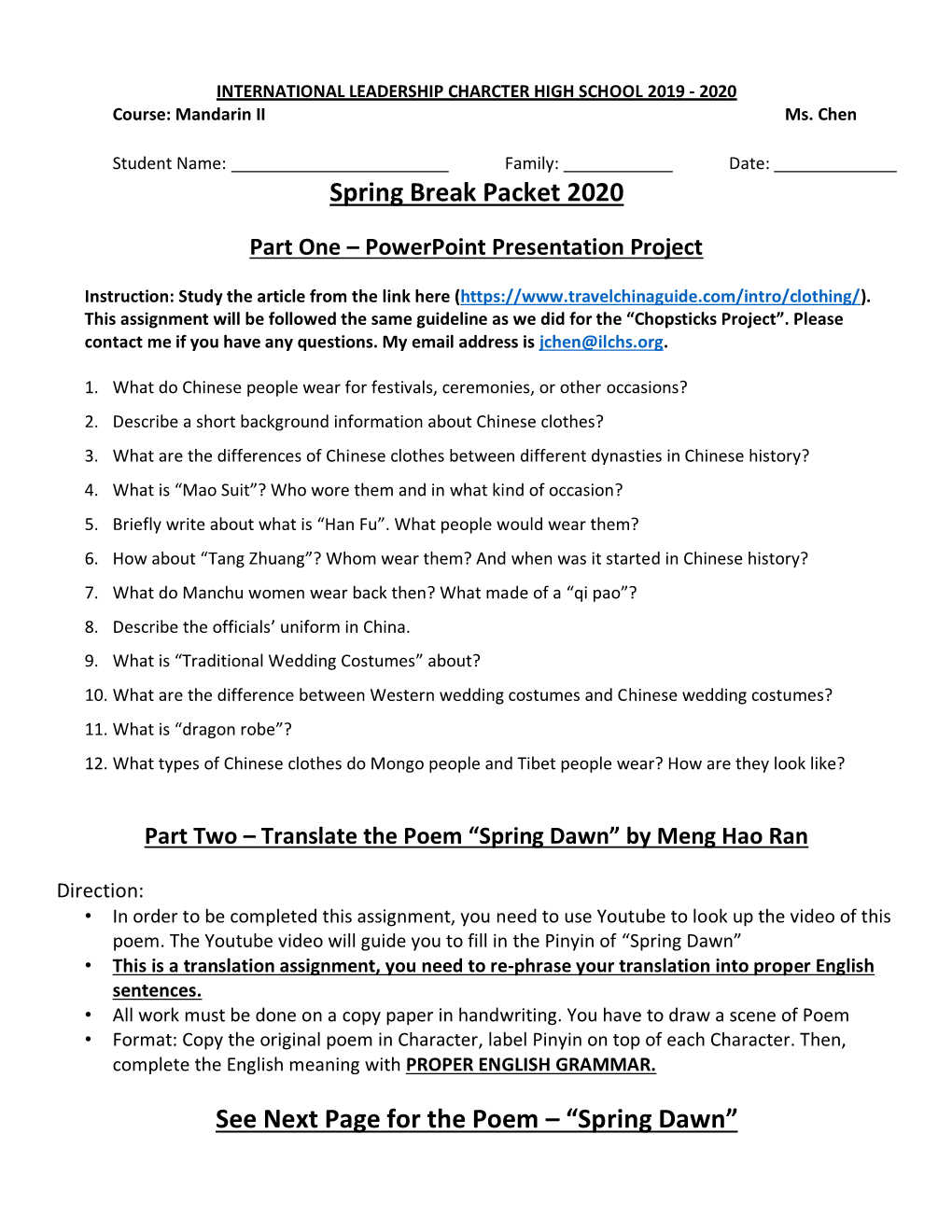 Spring Break Packet 2020 See Next Page for the Poem – “Spring Dawn”