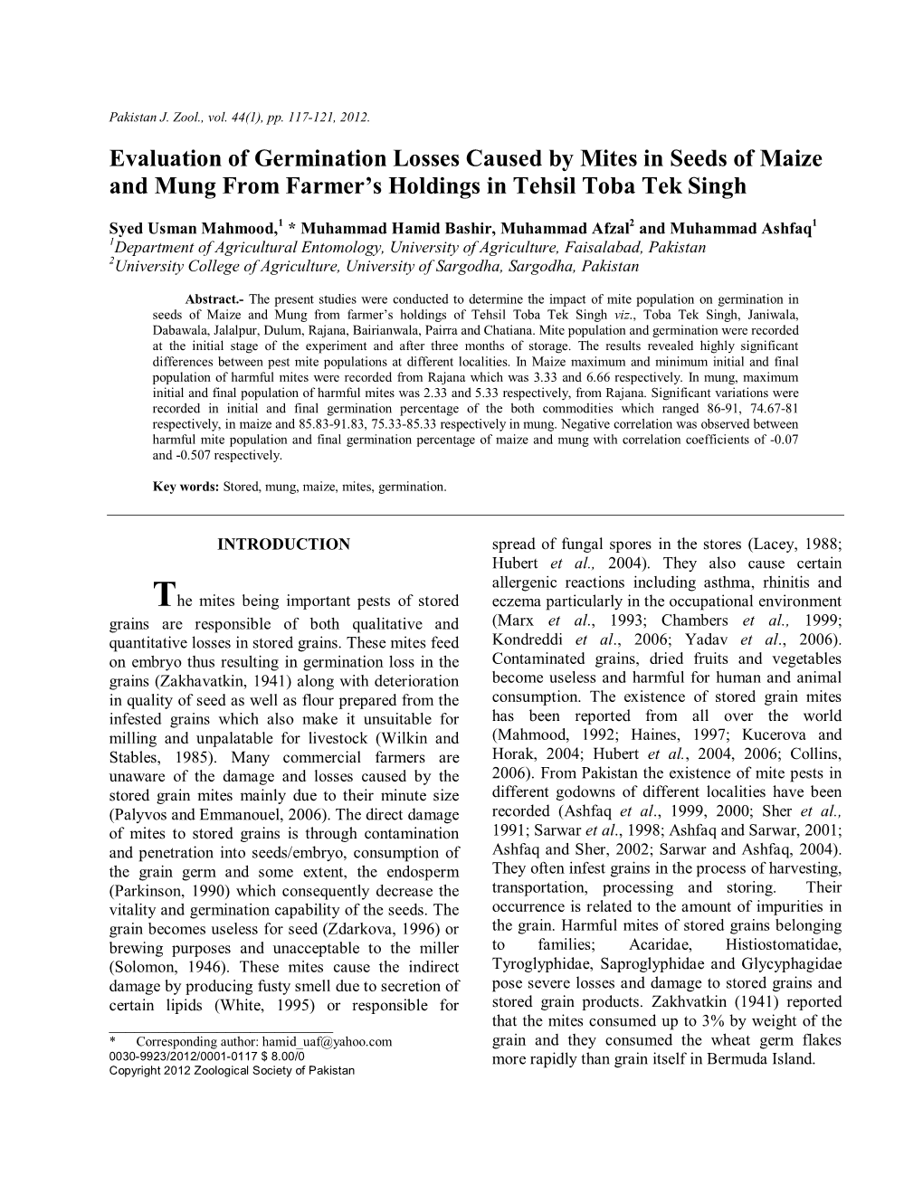 Evaluation of Germination Losses Caused by Mites in Seeds of Maize and Mung from Farmer’S Holdings in Tehsil Toba Tek Singh