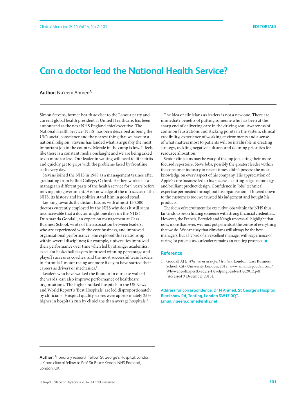 Can a Doctor Lead the National Health Service?