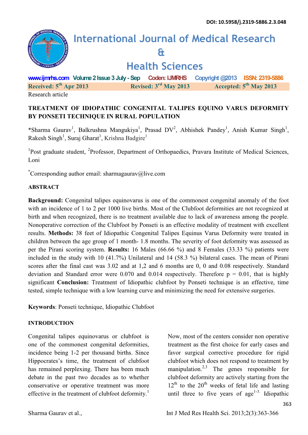 Treatment of Idiopathic Congenital Talipes Equino Varus Deformity by Ponseti Technique in Rural Population