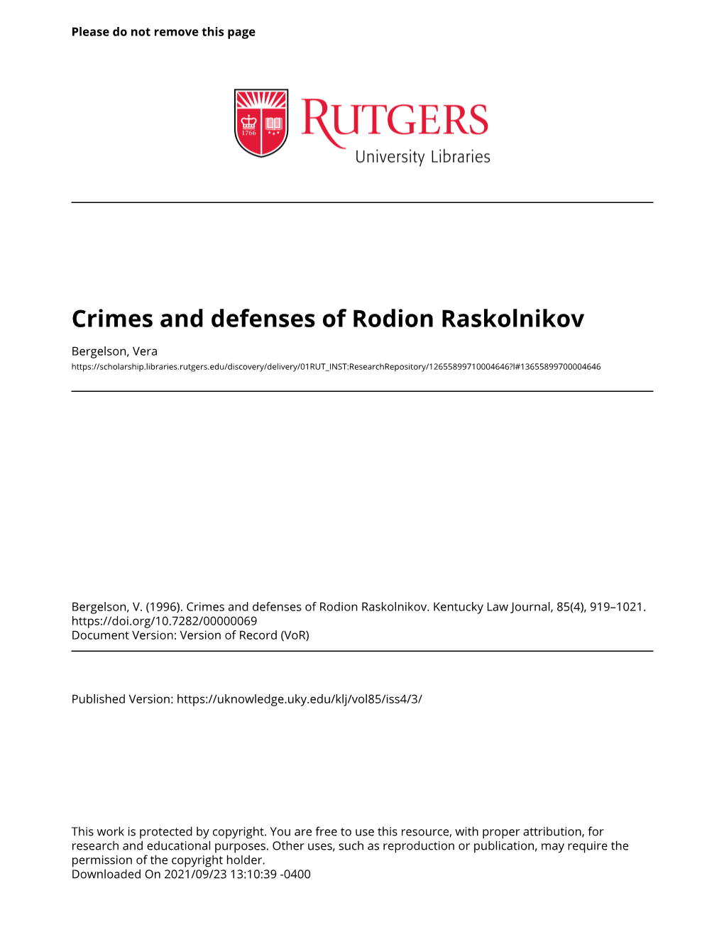 Crimes and Defenses of Rodion Raskolnikov