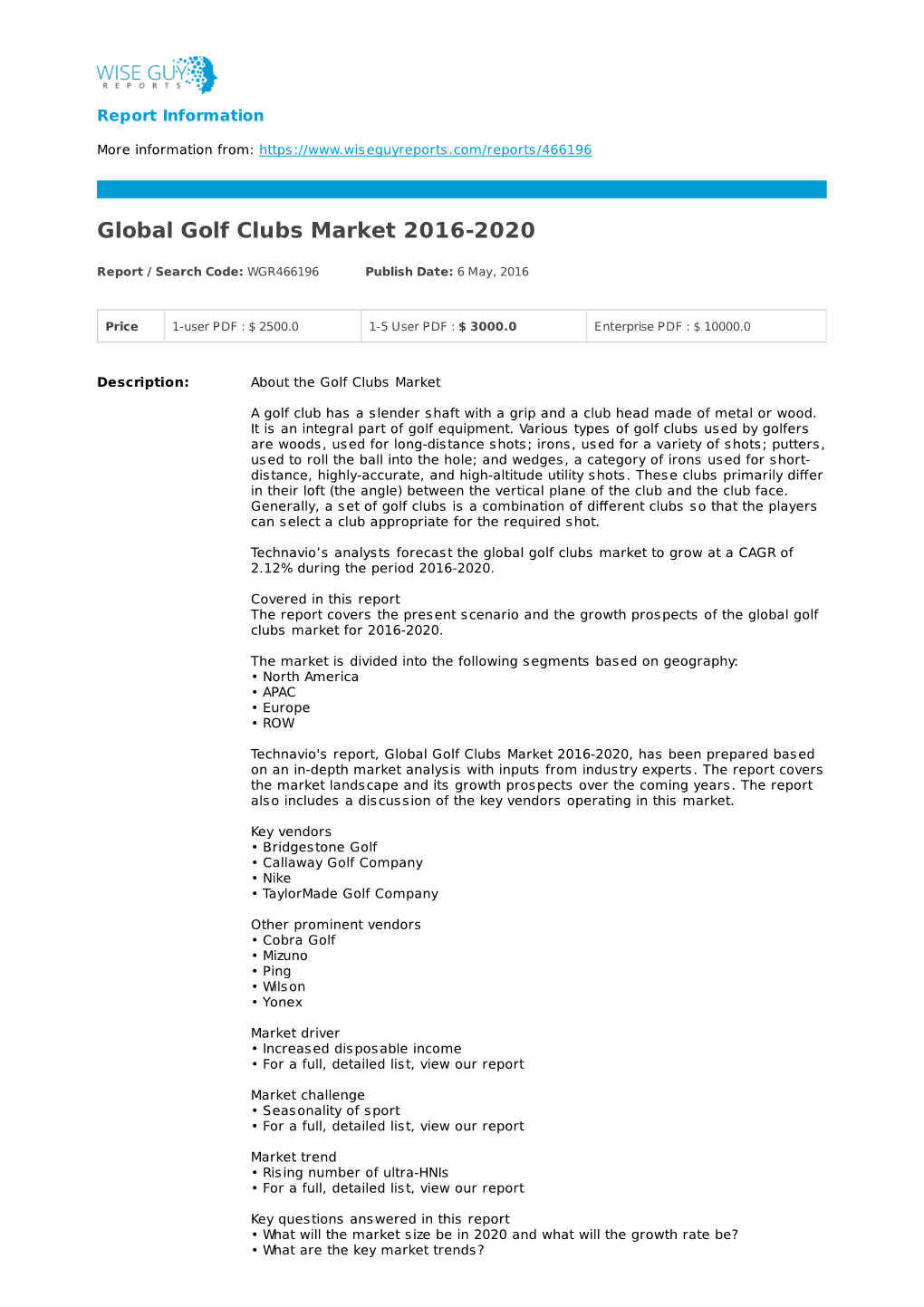 Global Golf Clubs Market 2016-2020