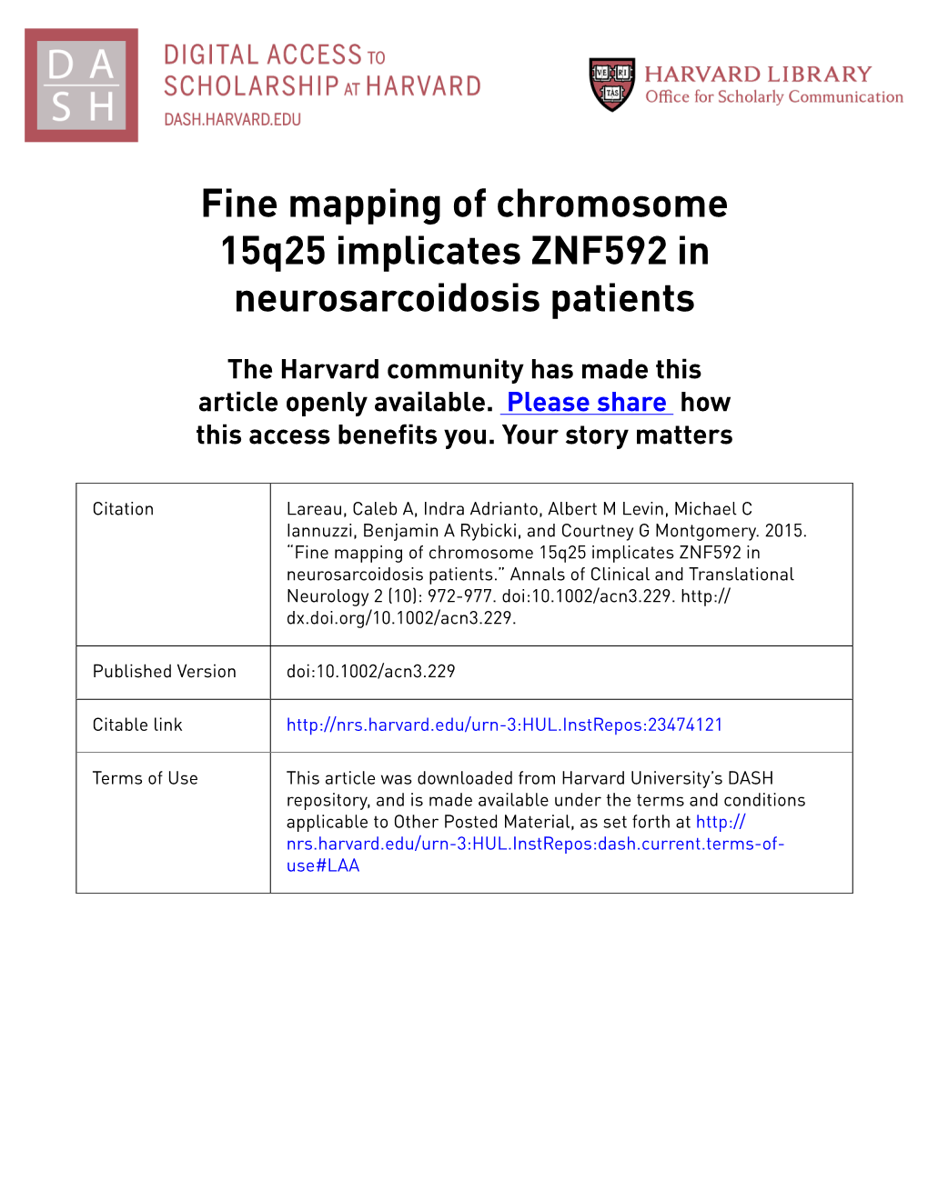 Fine Mapping of Chromosome 15Q25 Implicates ZNF592 in Neurosarcoidosis Patients