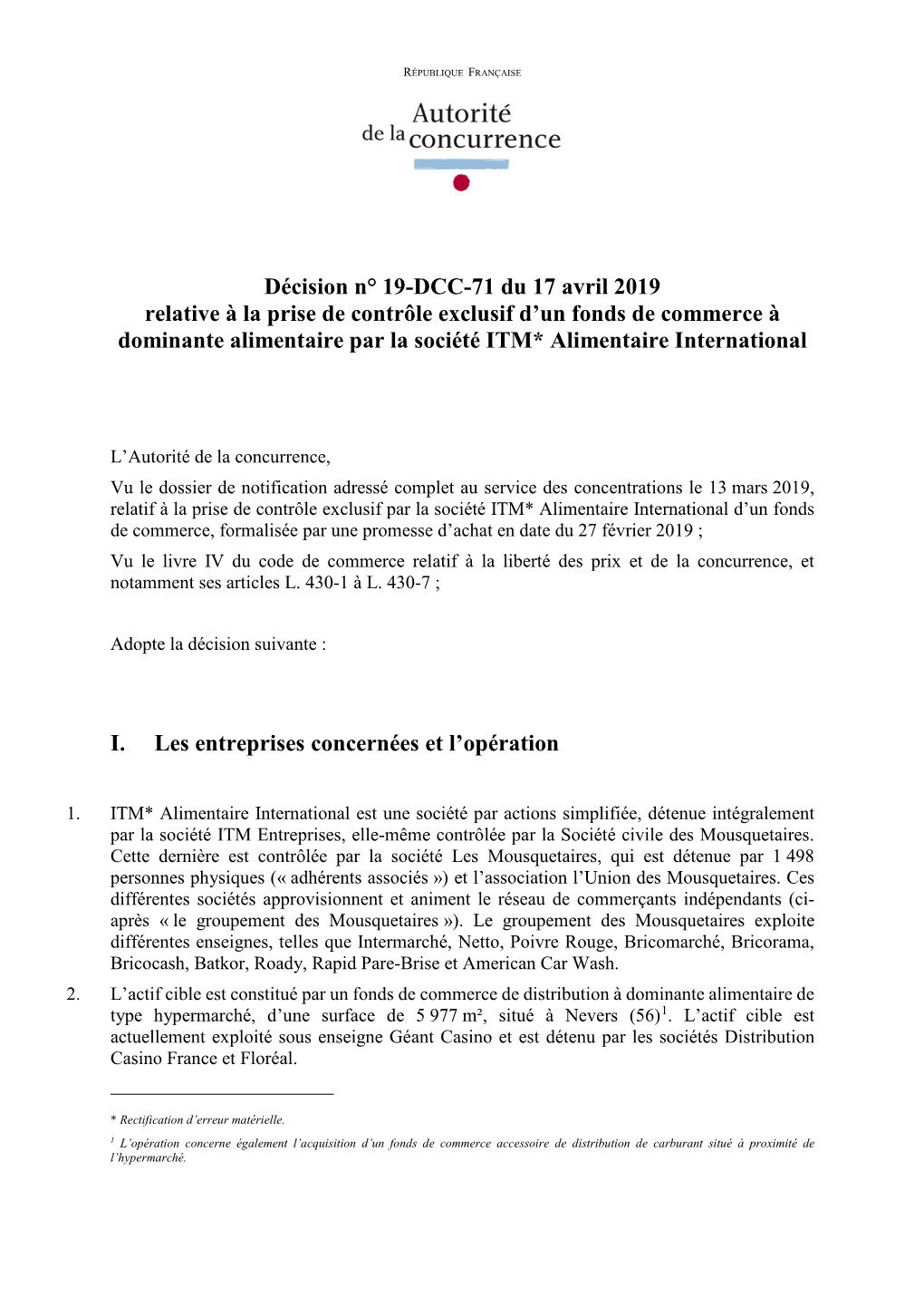 Décision N° 19-DCC-71 Du 17 Avril 2019 Relative À La Prise De Contrôle